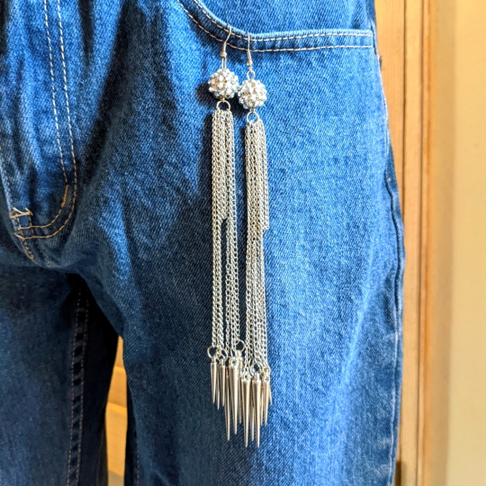 🌞🌞Long Duster Earrings Silver Tone Multi Chain Pierced Rocker Fancy Fun